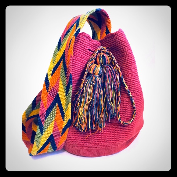 Wayuu Mochila Handbags - Wayuu Mochila Bag Bucket Tassels Raspberry Cotton